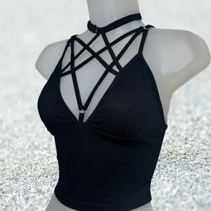 New XL Black Pentagram Strappy V-Neck Crop Top Sleeveless Blouse Y2k Goth